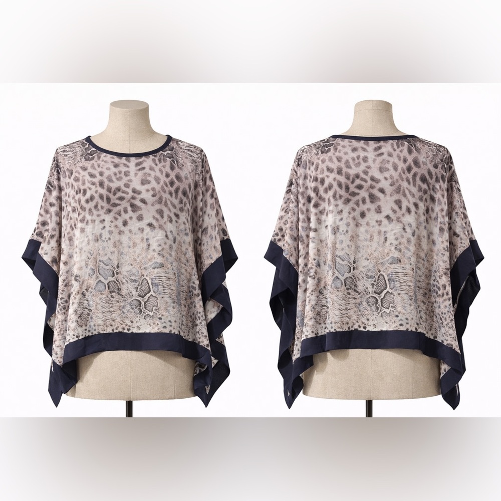 Paper Crane Beige and Navy Animal Print Poncho Top Size S
